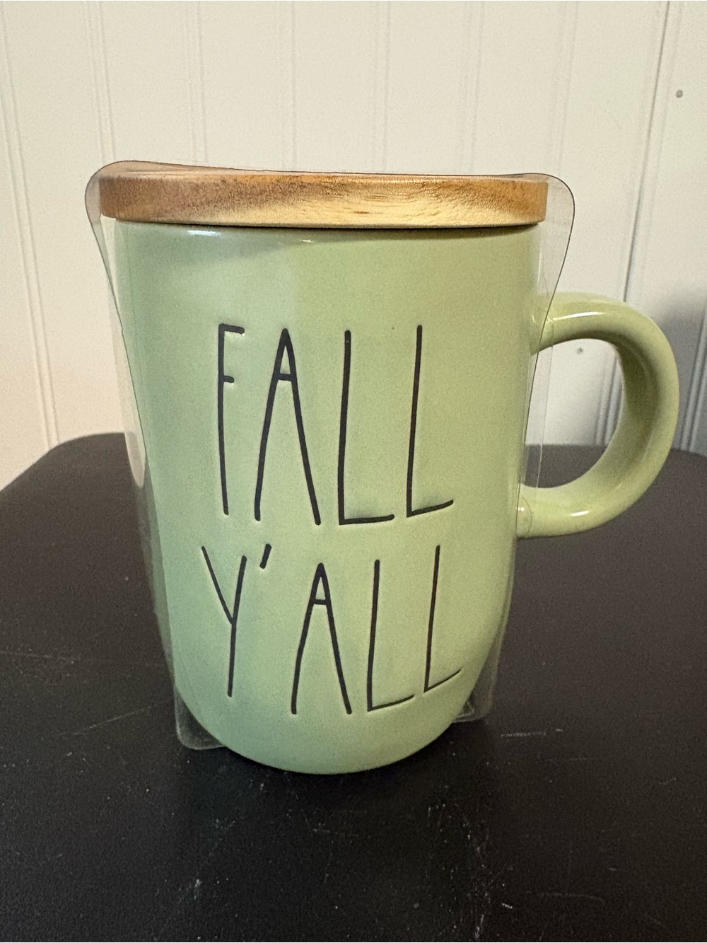 Rae Dunn Green Ceramic 'FALL Y'ALL' Mug with Wood-Look Lid